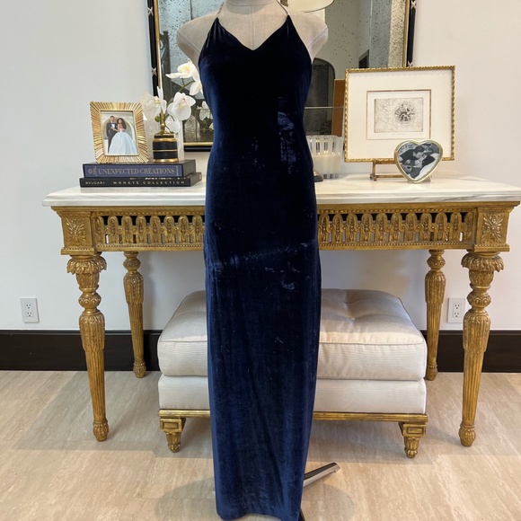 Amiri Deep Blue Velvet Dress with Silver Chain Straps - Picture 1 of 9